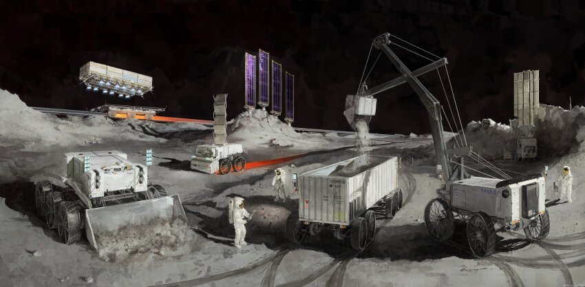3others absurdres astronaut bulldozer excavator highres mining moon motor_vehicle multiple_others original radiator scenery science_fiction shadow shipping_container solar_panel space sunlight unmanned_ground_vehicle whaleoil