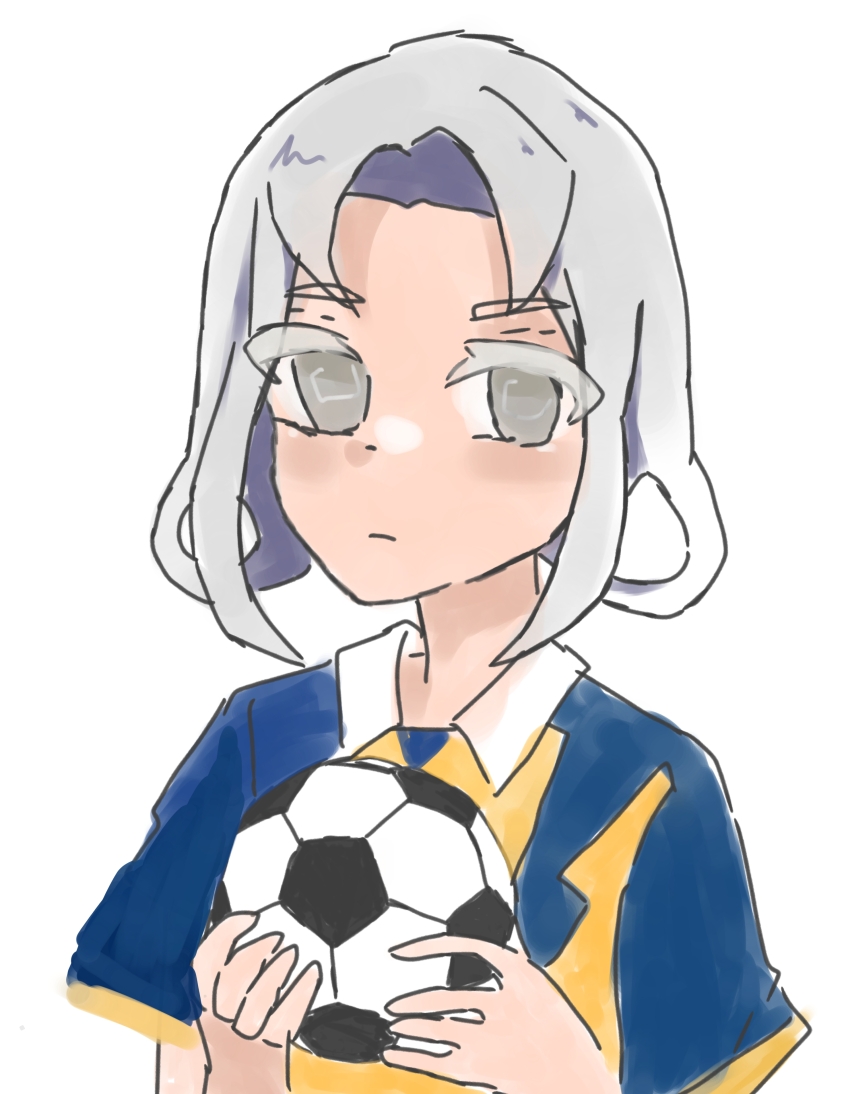 1girl akasode_matsuri_(inazuma_eleven) ball blue_shirt closed_mouth collar grey_eyes grey_hair holding holding_ball inazuma_eleven_(series) inazuma_eleven_victory_road looking_at_viewer raimon raimon_soccer_uniform riyu_2539 shirt short_sleeves simple_background soccer_ball soccer_uniform solo sportswear two-tone_shirt white_background white_collar yellow_shirt