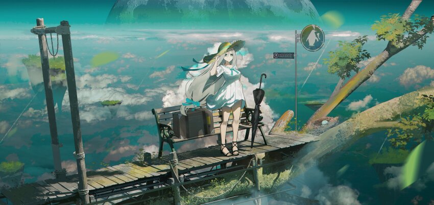 1girl absurdres arm_at_side bench blue_eyes blue_ribbon branch brown_hat closed_mouth dock dress egg expressionless falling_leaves floating_hair floating_island geki_dan grey_hair hair_between_eyes hat highres horizon leaf long_hair looking_ahead low-tied_long_hair moon nature nest original park_bench plant pleated_dress ribbon scenery short_dress sign solo straw_hat suitcase tree umbrella very_long_hair white_dress wide_shot wind