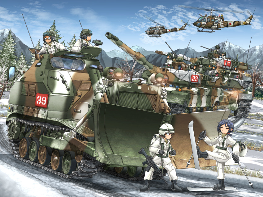 2boys 2girls 6+others aircraft assault_rifle backpack bag bare_tree black_footwear black_gloves blue_hair blue_sky boots brown_eyes brown_hair bulldozer caterpillar_tracks closed_mouth cloud combat_boots combat_helmet commentary commentary_request day glasses gloves goggles goggles_on_headwear gun heavy_machine_gun helicopter helmet highres howa_type_89 jacket japan_ground_self-defense_force japan_self-defense_force leg_up legs_apart low_ponytail machine_gun mikeran_(mikelan) military military_combat_uniform military_uniform military_vehicle monocular motor_vehicle mountain multiple_boys multiple_girls multiple_others original outdoors pants partial_commentary ponytail radio_antenna rifle road semi-rimless_eyewear skis sky smile snow soldier standing sweatdrop tank tank_helmet tree type_75_dozer type_90_(tank) uh-1_iroquois under-rim_eyewear unworn_headwear v-shaped_eyebrows vehicle_focus weapon white_jacket white_pants winter winter_uniform