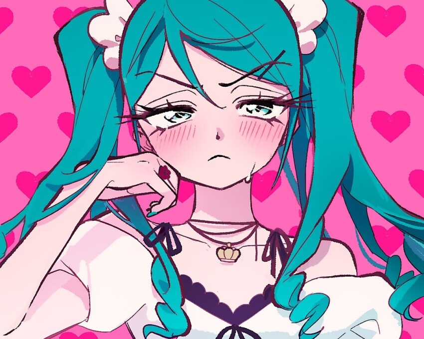 1girl aqua_eyes aqua_hair aqua_nails blush closed_mouth commentary dress frown hatsune_miku heart heart_background jewelry long_hair looking_to_the_side necklace non-web_source pink_background portrait ring scrunchie solo symbol-only_commentary twintails vivinos vocaloid white_dress world_is_mine_(vocaloid)
