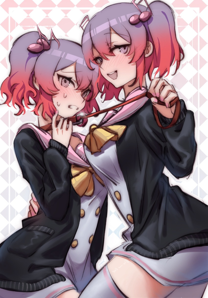 2girls black_cardigan blush bow bowtie breasts buttons cardigan clenched_teeth collar danganronpa_another dress fortissimo gradient_hair hair_between_eyes hair_ornament hand_on_another&#039;s_back highres holding holding_leash huidu incest leash long_sleeves medium_breasts multicolored_hair multiple_girls musical_note musical_note_hair_ornament open_cardigan open_clothes open_mouth otonokoji_hibiki otonokoji_kanade pink_eyes pink_sailor_collar pocket purple_hair red_collar red_hair sailor_collar sailor_dress short_dress short_hair siblings sisters smile super_danganronpa_another_2 sweat teeth thighhighs twins twintails two-tone_hair upper_teeth_only variant_set white_dress white_thighhighs yellow_bow yellow_bowtie yuri