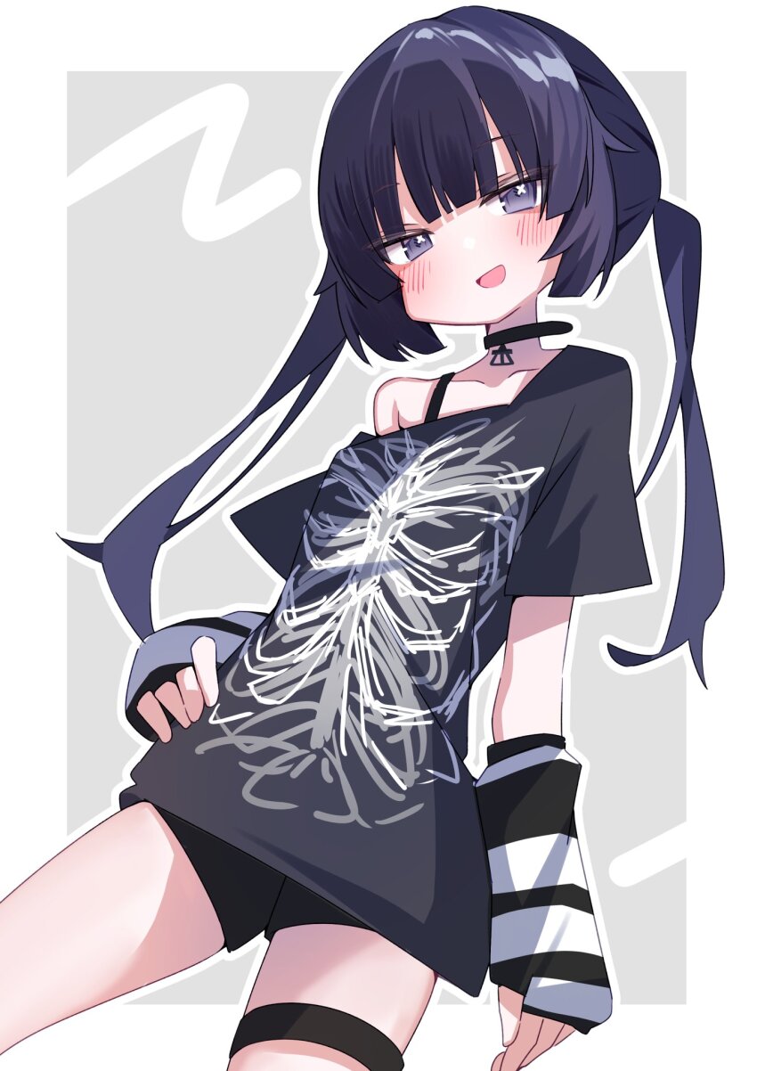 1girl :d arm_warmers black_choker black_hair black_shirt black_shorts blunt_bangs blush border breasts choker collarbone cowboy_shot grey_background hand_on_own_hip highres long_hair long_shirt looking_at_viewer munkki_(vrchat) off-shoulder_shirt off_shoulder open_mouth print_shirt purple_eyes shirt short_shorts short_sleeves shorts six_box skeleton_print small_breasts smile smug solo thigh_strap twintails vrchat white_border