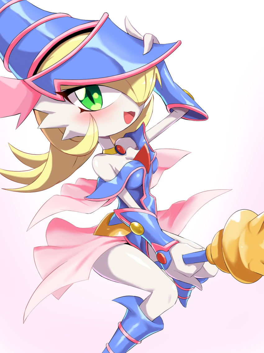 1girl blonde_hair blue_footwear blue_headwear blush cosplay dark_magician_girl dark_magician_girl_(cosplay) detached_sleeves gardevoir gen_3_pokemon green_eyes hair_over_one_eye hand_on_headwear hat highres holding holding_wand long_hair looking_at_viewer nintendo open_mouth pink_skirt pokemon showgirl_skirt skirt wand wizard_hat yu-gi-oh! zerokun135