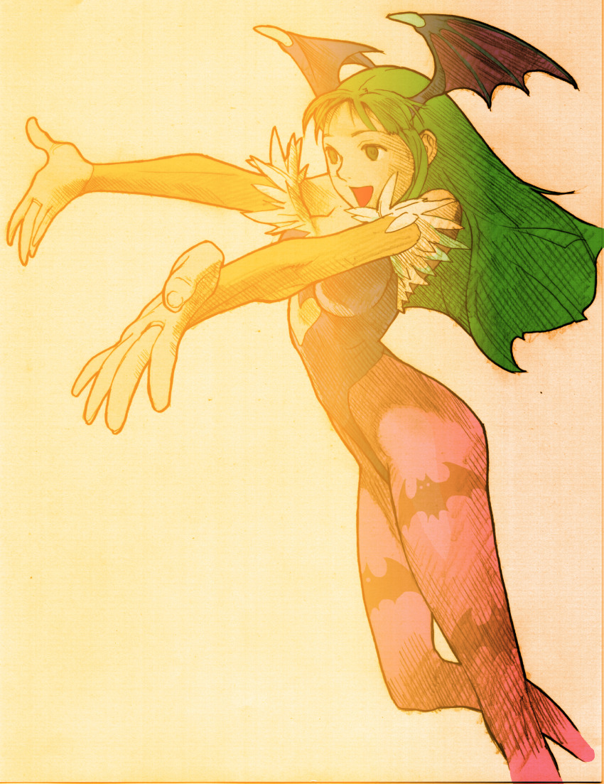 1girl :d animal_print bare_shoulders bat_print bat_wings bengus black_leotard breasts bridal_gauntlets capcom cleavage clothing_cutout darkstalkers demon_girl facing_to_the_side fur-trimmed_leotard fur_trim game_cg green_eyes green_hair head_wings heart_cutout highleg highleg_leotard highres large_breasts leotard long_hair marvel_vs._capcom marvel_vs._capcom_2 morrigan_aensland non-web_source off-shoulder_leotard official_art open_mouth outstretched_arms pantyhose print_pantyhose purple_pantyhose purple_wings scan simple_background smile solo wings