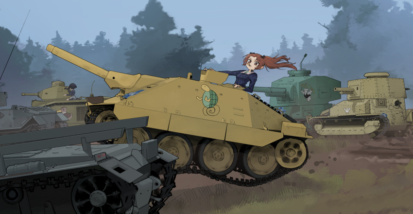 2girls anteater blue_jacket brown_eyes brown_hair char_b1 chips_(food) commentary day emblem food food_in_mouth forest girls_und_panzer highres jacket kadotani_anzu long_sleeves looking_at_viewer military_vehicle motor_vehicle multiple_girls nature ooarai_(emblem) ooarai_military_uniform outdoors potato_chips sitting sono_midoriko stug_iii tank throat_microphone tiger_(p) turtle twintails type_3_chi-nu type_89_i-gou uingssi wind