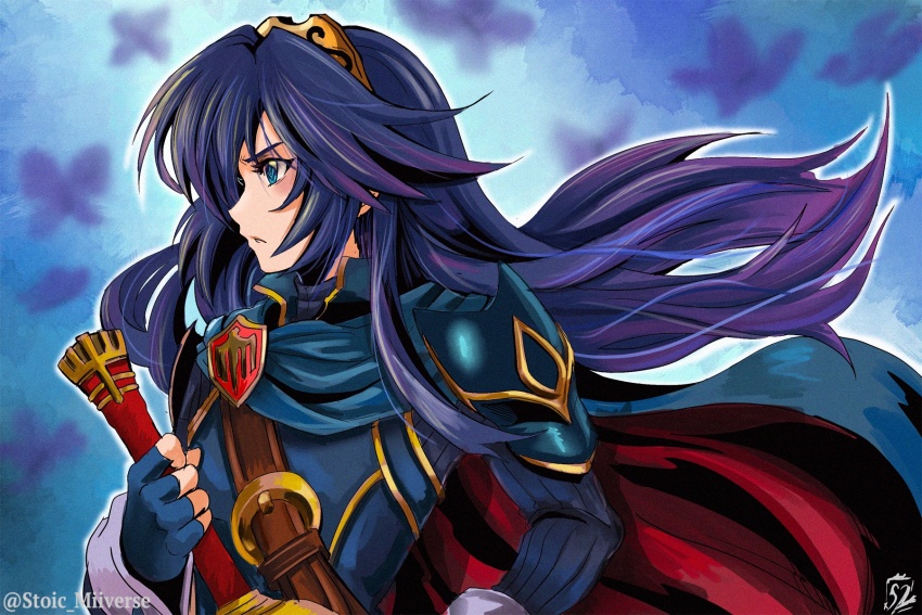1girl armor belt blue_eyes blue_hair bug butterfly butterfly_wings cape cloud commentary english_commentary fingerless_gloves fire_emblem fire_emblem_awakening gloves highres holding holding_sword holding_weapon insect insect_wings long_hair long_sleeves looking_to_the_side lucina_(fire_emblem) nintendo pauldrons serious shoulder_armor silhouette solo stoic_seraphim sword tiara weapon wings