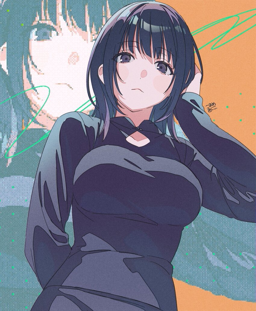 1girl arm_at_side black_eyes black_hair black_shirt breasts character_request closed_mouth commentary_request copyright_request cowboy_shot fingerless_gloves gloves hand_up highres large_breasts long_hair long_sleeves looking_at_viewer mosuko orange_background shirt solo wispy_bangs zoom_layer