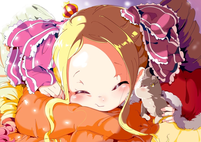 1girl aloe_(kenkou3733) beatrice_(re:zero) bed blonde_hair blush capelet cat cheek_press closed_eyes commentary_request crown drill_hair earrings forehead fur-trimmed_capelet fur_trim grey_hair hair_ribbon highres jewelry large_forehead long_hair lying mini_crown on_bed on_stomach pillow pink_ribbon puck_(re:zero) re:zero_kara_hajimeru_isekai_seikatsu red_capelet ribbon sidelocks twin_drills