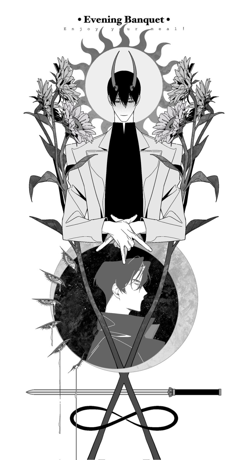 2boys \n/ benkdjjituibot black_coat black_eyes black_hair black_skirt closed_eyes coat collared_shirt crescent_moon crying crying_with_eyes_open demon_horns double-parted_bangs english_text fingernails flower greyscale hair_between_eyes highres holding_own_hand horns infinity_symbol kim_dokja light_smile long_fingernails monochrome moon multiple_boys omniscient_reader&#039;s_viewpoint popped_collar shirt short_hair skirt sky star_(sky) starry_sky sun_behind_head sunflower sword tears too_many_eyes too_many_flowers weapon white_coat yoo_joonghyuk