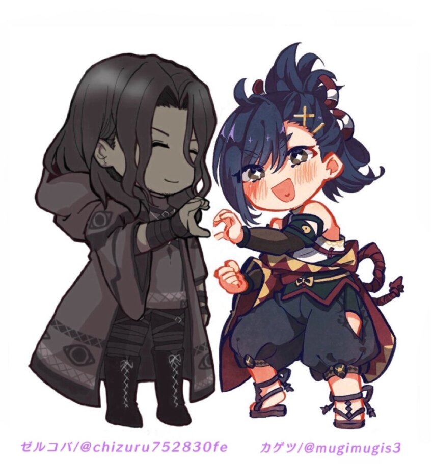 2boys artist_collaboration black_hair blue_hair chizuru752830fe dark-skinned_male dark_blue_hair dark_skin fire_emblem fire_emblem_engage folded_ponytail highres japanese_clothes kagetsu_(fire_emblem) long_hair male_focus mugimugis multiple_boys nintendo smile zelkov_(fire_emblem)