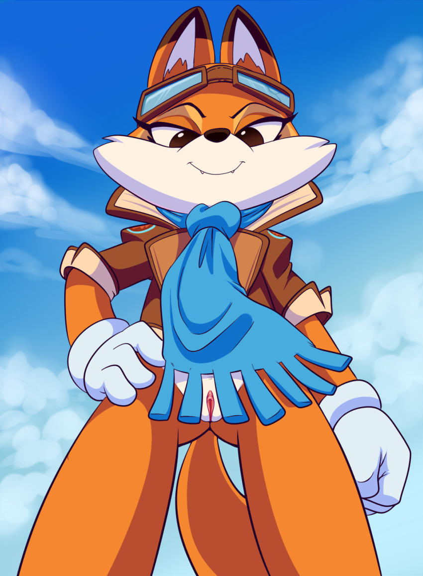 10s 1girl 2018 ass bottomless brown_eyes brown_fur fangs female_focus fox fur furry gloves goggles half-closed_eyes highres lonbluewolf looking_at_viewer looking_down lyra_swiftail orange_fur pussy scarf solo super_lucky&#039;s_tale teeth white_fur