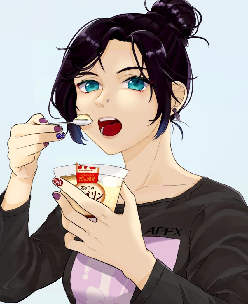 1girl animification apex_legends black_hair black_shirt blouse blue_background blue_eyes cha_men_koi collarbone cup earrings eating face_piercing food highres holding holding_cup holding_spoon hope&#039;s_dusk_(apex_legends) jewelry nail_polish nose_piercing off_shoulder open_mouth piercing portrait pudding purple_nails shirt solo spoon wraith_(apex_legends)