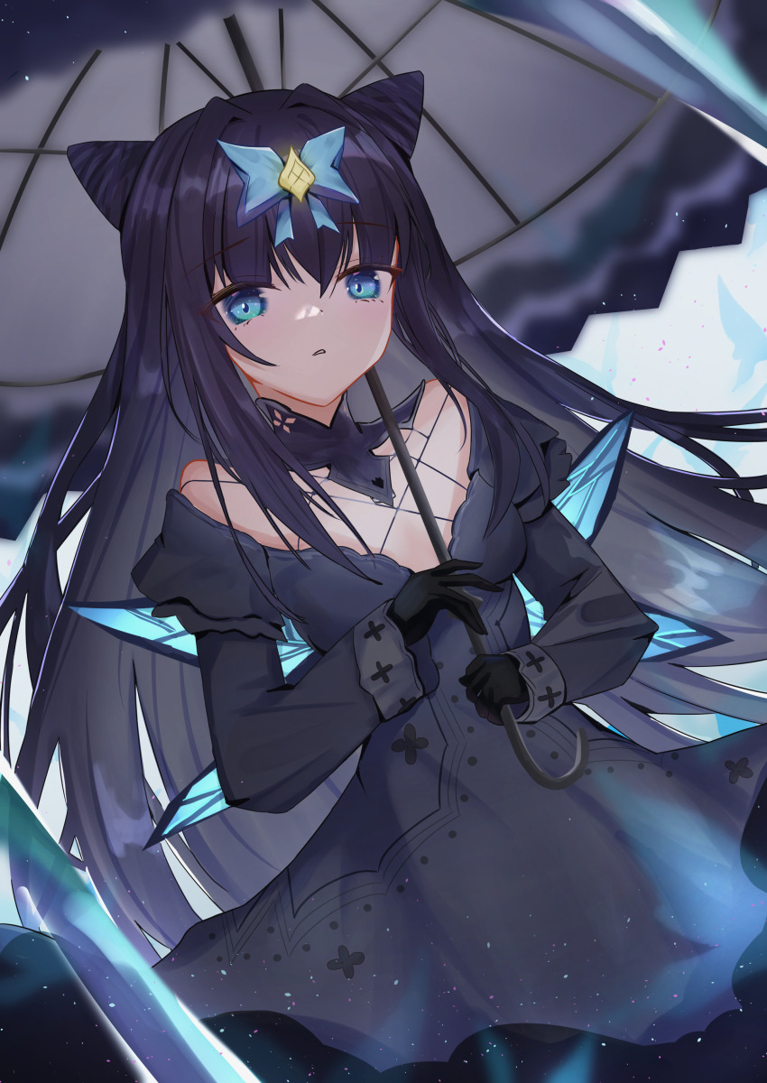 1girl absurdres arcaea bare_shoulders black_dress black_gloves black_hair black_umbrella blue_eyes blunt_bangs bow breasts butterfly_hair_ornament cleavage collarbone cowboy_shot crystal_wings dress earrings fantuan/ft garter_straps gloves hair_bow hair_ornament highres jewelry large_breasts long_hair long_sleeves solo tairitsu_(arcaea) tairitsu_(tempest)_(arcaea) thighhighs thighs umbrella