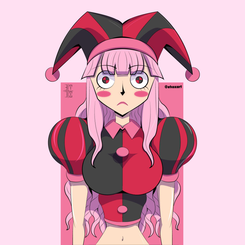 1girl :&lt; acting artist_request breasts cosplay glitch_productions hat highres jester jester_cap large_breasts long_hair navel one_piece perona pink_background pink_hair pomni_(the_amazing_digital_circus) pomni_(the_amazing_digital_circus)_(cosplay) simple_background stomach the_amazing_digital_circus twitter_username very_long_hair