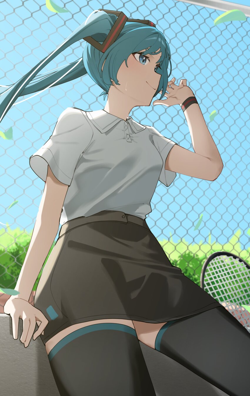 1girl absurdres aqua_hair arm_support black_skirt black_thighhighs blue_eyes blue_sky breasts bush chain-link_fence closed_mouth collared_shirt cowboy_shot day falling_leaves fence floating_hair from_below hair_ornament hand_up hatsune_miku highres leaf long_hair looking_to_the_side miniskirt nun178089 outdoors racket shirt shirt_tucked_in short_sleeves sidelocks sitting skirt sky small_breasts smile solo sportswear striped_wristband sweat tennis_racket tennis_skirt tennis_uniform thighhighs twintails vocaloid white_shirt wind wristband zettai_ryouiki