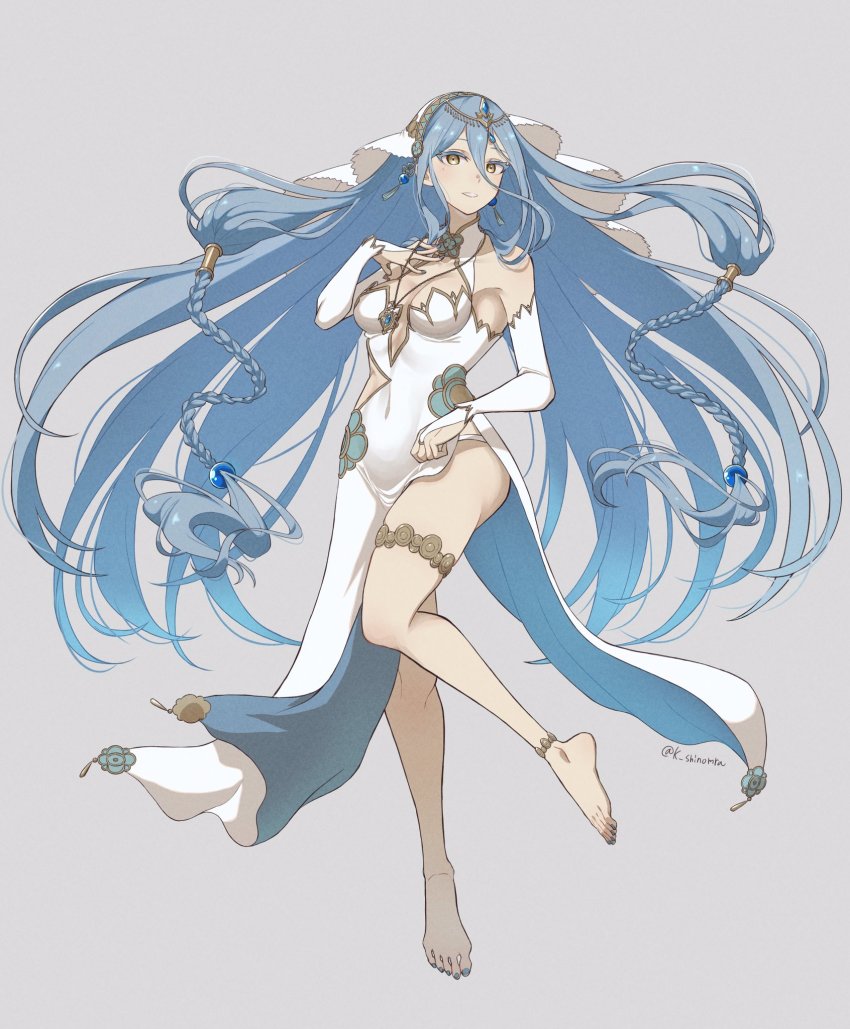 1girl alternate_costume anklet azura_(fire_emblem) bad_anatomy bare_shoulders barefoot blue_hair blue_nails braid breasts bridal_gauntlets chinese_clothes commentary covered_navel detached_sleeves dress fingernails fire_emblem fire_emblem_fates full_body grey_background hair_between_eyes hand_on_own_chest highres jewelry karashino long_hair looking_at_viewer medium_breasts nail_polish nintendo panties pendant simple_background smile solo thighs toenails twitter_username underwear veil very_long_hair white_dress white_panties white_sleeves yellow_eyes