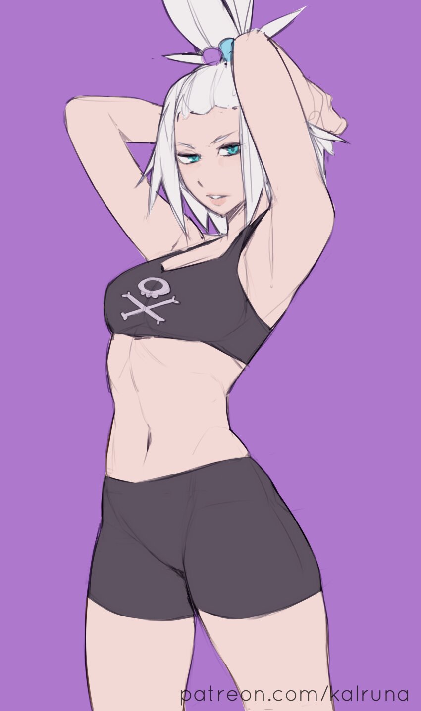 1girl absurdres black_shorts blue_eyes highres kalruna midriff nintendo pokemon pokemon_bw2 roxie_(pokemon) shorts solo sports_bra white_hair