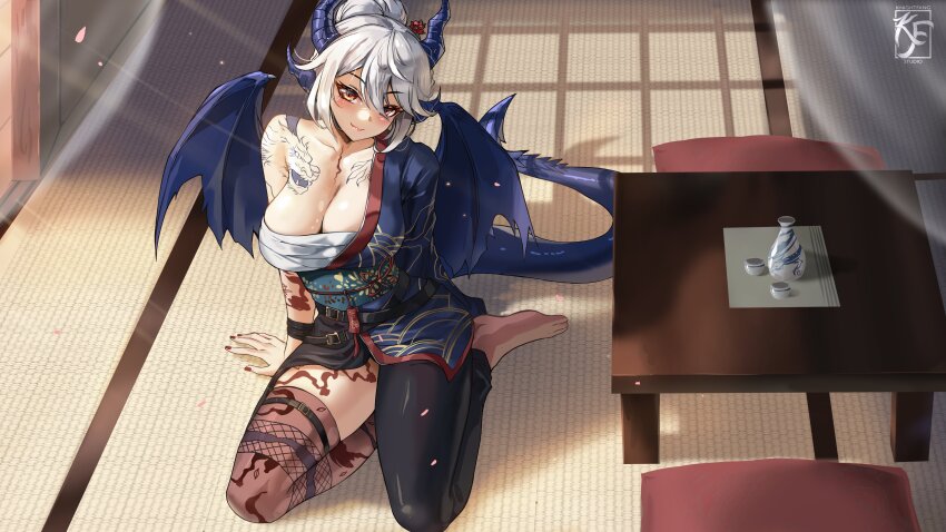 1girl absurdres arm_tattoo artist_logo barefoot black_leggings bottle breasts brown_eyes character_request chest_sarashi chest_tattoo choko_(cup) cleavage closed_mouth collarbone commission copyright_request cup dragon_girl dragon_tail dragon_wings flower hair_between_eyes highres kneeling knightfang leg_tattoo leggings logo pillow red_flower red_nails sake_bottle sarashi shadow shoulder_tattoo single_leg_pantyhose single_thighhigh solo tail tatami tattoo thighhighs white_hair wings