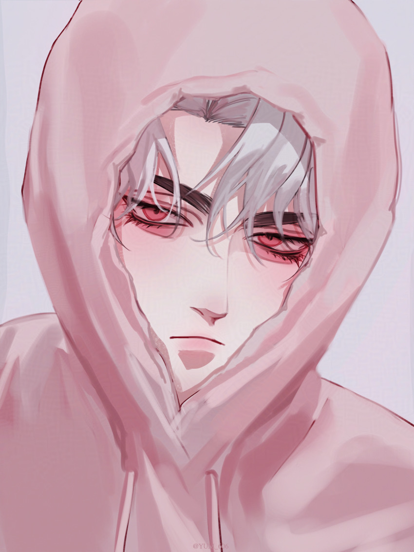 1boy absurdres closed_mouth commentary_request eunho_(plave) eyeshadow grey_background hair_between_eyes highres hood hood_up hoodie looking_at_viewer makeup male_focus pink_hoodie plave portrait red_eyes short_hair simple_background solo twitter_username virtual_youtuber white_hair yum_606