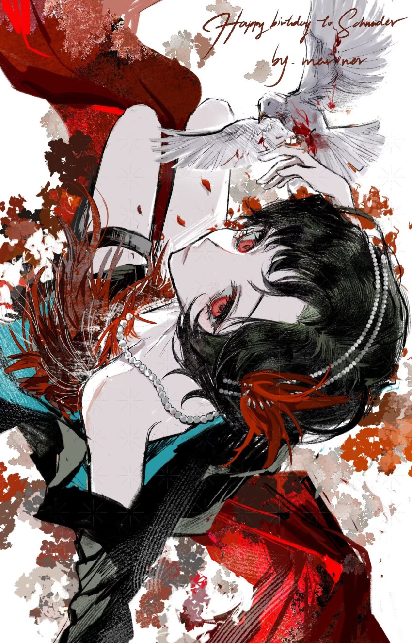 1girl absurdres bird bird_on_hand black_coat black_hair blood coat dove dress e666lofter4 feather_dress feather_hair_ornament feathers flower hair_ornament highres jewelry looking_at_viewer necklace open_clothes open_coat patterned_background pearl_necklace red_eyes red_flower reverse:1999 schneider_(reverse:1999) short_hair simple_background sitting solo white_background