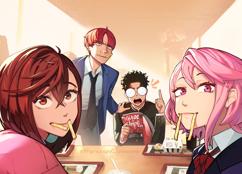 2boys 2girls absurdres artist_name ayase_momo bad_link black_hair black_jacket black_necktie blazer blue_jacket blue_pants bob_cut bow bowtie brown_eyes brown_hair closed_mouth collared_shirt commentary constricted_pupils copyright_name crossed_bangs cup dandadan disposable_cup dress drinking_straw earrings english_commentary english_text enjoji_jin fake_teeth food food_in_mouth food_packaging french_fries gakuran glasses hair_between_eyes halftone highres holding holding_magazine index_finger_raised indoors jacket jewelry jitome kfc lips long_sleeves loose_necktie magazine_(object) medium_hair messy_hair mouth_hold multiple_boys multiple_girls necktie notice_lines opaque_glasses open_clothes open_jacket open_mouth pants pendant_earring pink_eyes pink_hair pink_sweater raised_eyebrows red_bow red_bowtie red_hair restaurant round_eyewear round_teeth school_uniform shiratori_aira_(dandadan) shirt short_hair smile sweater table takakura_ken_(dandadan) teeth thick_eyebrows tray twitter_username upper_teeth_only upturned_eyes wavy_hair white_dress white_shirt yuqi_non