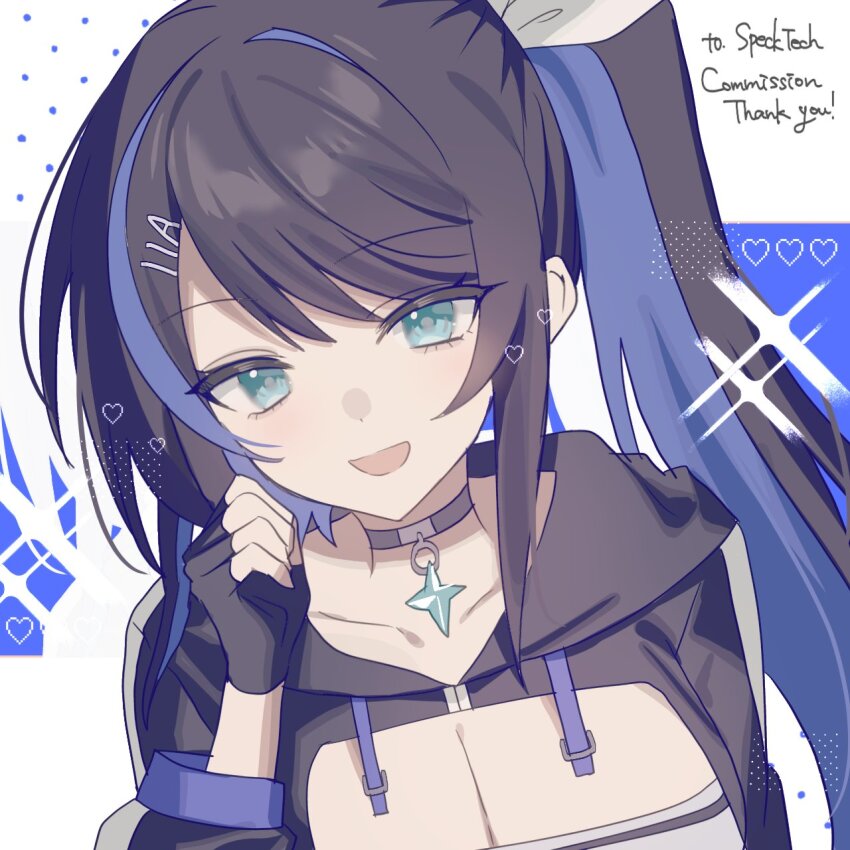 1girl :d alyssa_(specktech) aqua_eyes black_gloves black_hair blue_hair bow breasts choker cleavage commentary commissioner_name english_commentary english_text fingerless_gloves gloves grey_choker hair_bow hair_ornament hairclip hand_up heart highres hinomiya_shou looking_at_viewer multicolored_hair open_mouth original second-party_source smile streaked_hair thank_you two-tone_hair white_bow