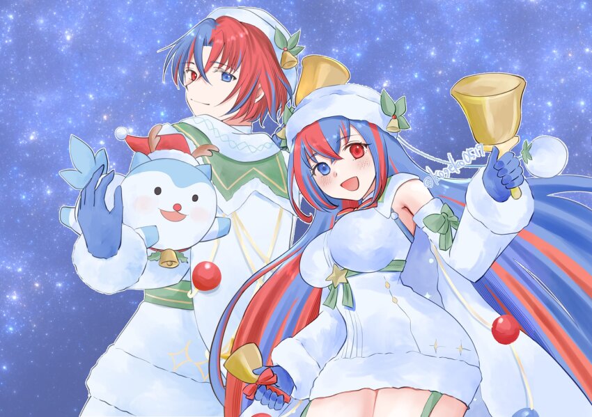 1boy 1girl 1other alear_(female)_(fire_emblem) alear_(female)_(gifted_dragons)_(fire_emblem) alear_(fire_emblem) alear_(male)_(fire_emblem) alear_(male)_(gifted_dragons)_(fire_emblem) antlers bell blue_eyes blue_gloves blue_hair breasts crossed_bangs deer_antlers fake_antlers fire_emblem fire_emblem_engage fire_emblem_heroes fur-trimmed_headwear fur_trim fur_wrist_cuffs gloves hair_between_eyes heterochromia highres holding holding_bell horns kogeko0517 large_breasts long_hair looking_at_viewer multicolored_hair nintendo red_eyes red_hair smile sommie_(fire_emblem) split-color_hair two-tone_hair wrist_cuffs