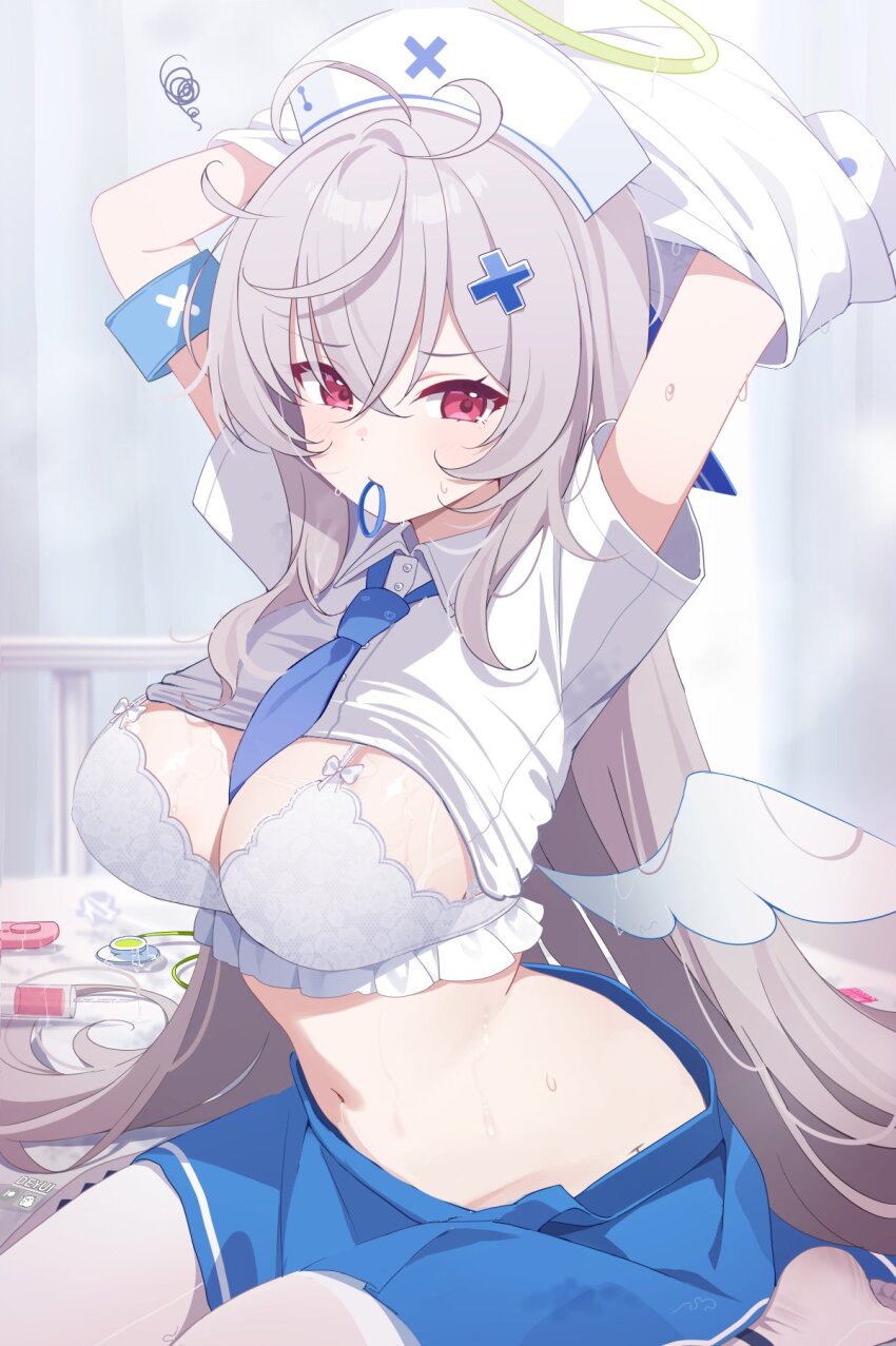 1girl ahoge angel angel_wings beatrixa_(stella_sora) bed blue_necktie blue_skirt bra deyui frilled_bra frills grey_hair hair_ornament hair_tie_in_mouth hairpin halo hashtag-only_commentary hat highres long_hair mouth_hold necktie nurse_cap on_bed red_eyes skirt stella_sora underwear undressing white_bra wings x_hair_ornament