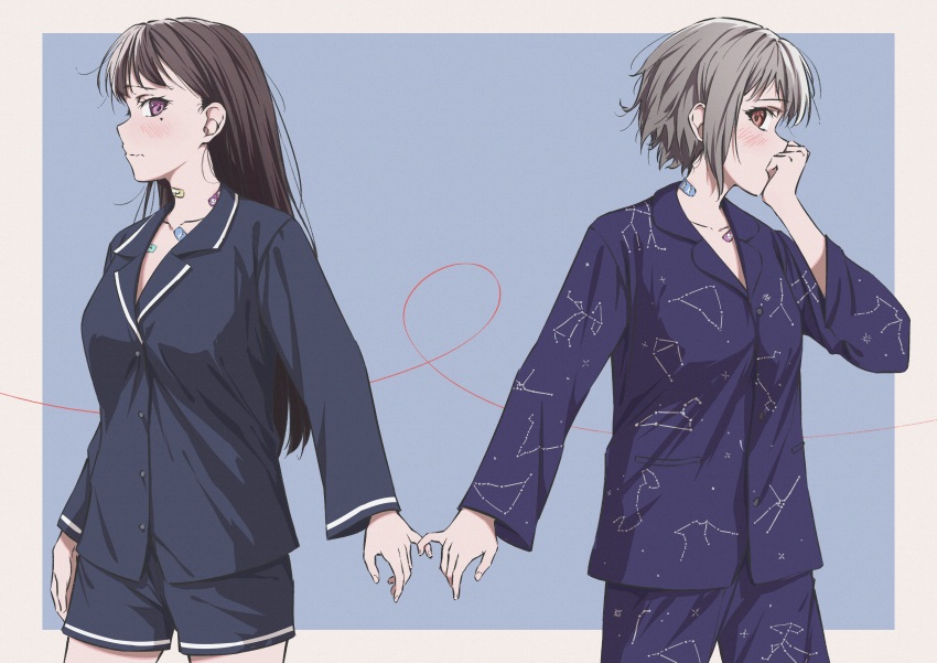 2girls absurdres annotated aquarius_(constellation) aries_(constellation) arm_at_side bandaid bandaid_on_neck bang_dream! bang_dream!_it&#039;s_mygo!!!!! blue_background blue_pajamas blush border breasts brown_eyes brown_hair cancer_(constellation) capricorn_(constellation) collarbone commentary constellation_print covering_own_mouth cowboy_shot dated_commentary gemini_(constellation) grey_hair hand_over_own_mouth hand_up highres leo_(constellation) libra_(constellation) long_hair looking_at_another looking_to_the_side mole mole_under_eye multiple_girls pajamas pinky_swear pisces_(constellation) profile purple_eyes raito_taisha sagittarius_(constellation) scorpius_(constellation) shiina_taki short_hair sideways_glance string string_of_fate takamatsu_tomori taurus_(constellation) wavy_mouth white_border yuri zodiac