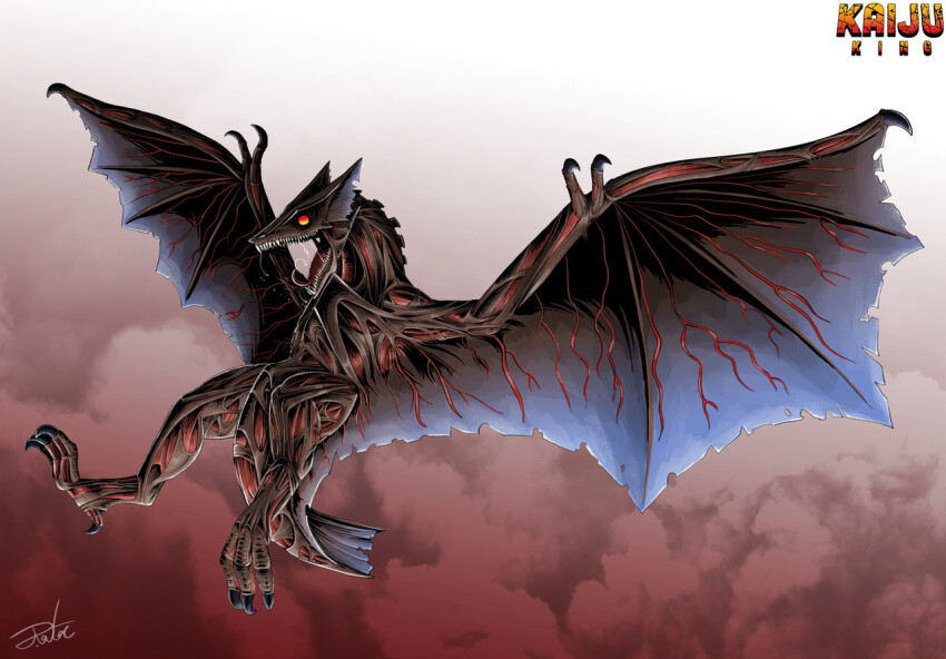 claws daiei_film daiei_motion_picture english_text exposed_muscle fins fish_tail flying gamera_(series) gradient_background gugenheim98 gyaos kadokawa kaiju monster monster_focus no_humans open_mouth orange_eyes redesign saliva sharp_teeth signature solid_eyes solo spread_wings tail talons teeth veins wings