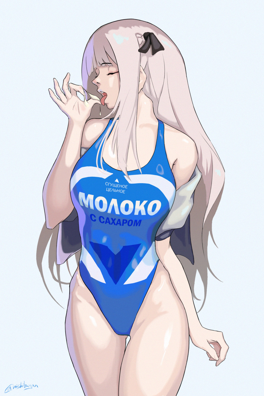 ak-12_(girls&#039;_frontline) braid breasts closed_eyes condensed_milk feet_out_of_frame girls&#039;_frontline grey_hair hair_ribbon half_up_braid highres nishibuya one-piece_swimsuit ribbon russian_text swimsuit