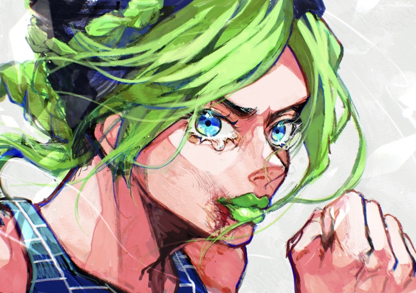 1girl black_hair blood blood_from_mouth blue_eyes braid clenched_hand closed_mouth double_bun green_hair green_lips hair_bun highres jojo_no_kimyou_na_bouken kuujou_jolyne looking_at_viewer messy_hair multicolored_hair natchan_blue_(nanairopenki) patterned_clothing smirk solo stone_ocean tank_top tearing_up tears two-tone_hair
