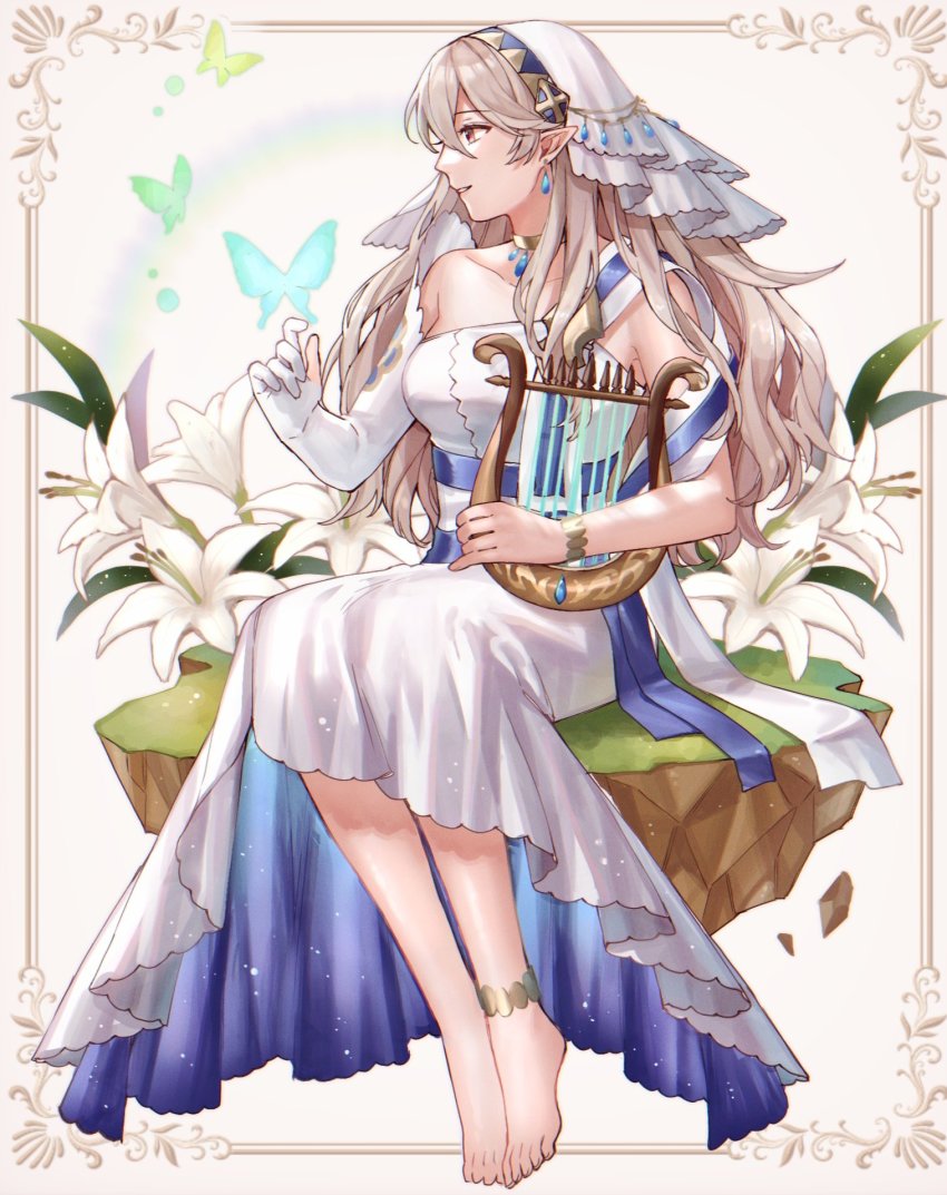ai_tkkm anklet barefoot bracelet bug butterfly choker female_corrin_(adrift)_(fire_emblem) female_corrin_(fire_emblem) detached_sleeves dress earrings fire_emblem fire_emblem_fates fire_emblem_heroes flower hairband harp highres insect instrument jewelry long_hair nintendo official_alternate_costume pointy_ears red_eyes strapless strapless_dress
