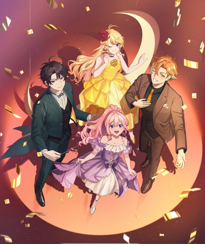 2boys 2girls :d antenna_hair aqua_hair artist_name bare_shoulders black_choker black_hair black_shirt black_shoes black_vest blonde_hair blue_eyes blush bow bowtie breast_pocket brown_jacket brown_pants brown_shoes brown_vest choker closed_mouth coattails collarbone collared_shirt confetti crescent detached_sleeves double-parted_bangs dress drill_hair earrings flower frilled_dress frilled_sleeves frills from_above gradient_hair green_jacket green_pants grin hair_between_eyes hair_flower hair_intakes hair_ornament hand_up hashtag-only_commentary high_heels high_ponytail highres jacket jewelry lapels light_particles long_hair long_sleeves looking_at_viewer looking_up merasugi multicolored_hair multiple_boys multiple_girls necktie nijisanji on_crescent one_eye_closed open_clothes open_jacket open_mouth orange_eyes orange_hair orange_necktie pants parted_bangs pink_hair pocket pocket_square ponytail purple_bow purple_bowtie purple_dress purple_eyes red_flower saiki_ittetsu shadow shirt shoes short_hair short_sleeves sidelocks sitting skirt_hold smile sparkle spotlight standing strapless strapless_dress suo_sango teeth todo_kohaku treble_clef twitter_username two-tone_dress upper_teeth_only usami_rito very_long_hair vest virtual_youtuber white_dress white_shirt white_shoes wing_collar yellow_dress yellow_shoes