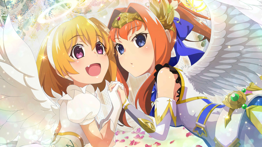 2girls :d angel_wings blonde_hair blue_eyes detached_sleeves dress dutch_angle fang from_side game_cg gloves hair_intakes halo high_ponytail highres higurashi_no_naku_koro_ni higurashi_no_naku_koro_ni_mei holding_hands houjou_satoko houtani_nao indoors lens_flare long_hair multiple_girls non-web_source official_art open_mouth orange_hair ponytail short_sleeves sleeveless sleeveless_dress smile sparkle upper_body white_dress white_gloves white_wings wings