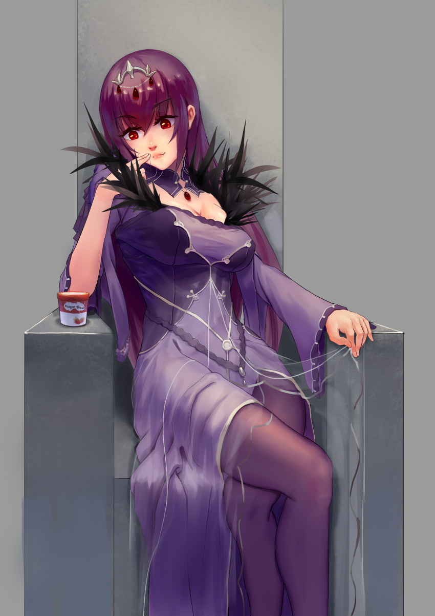 1girl absurdres breasts cleavage crossed_legs dress fate/grand_order fate_(series) female_focus food fur_trim grey_background hair_between_eyes highres ice_cream ice_cream_cup jewelry large_breasts long_hair looking_down pantyhose purple_dress purple_hair red_eyes scathach_(fate) scathach_skadi_(fate) smile solo throne tiara vivi