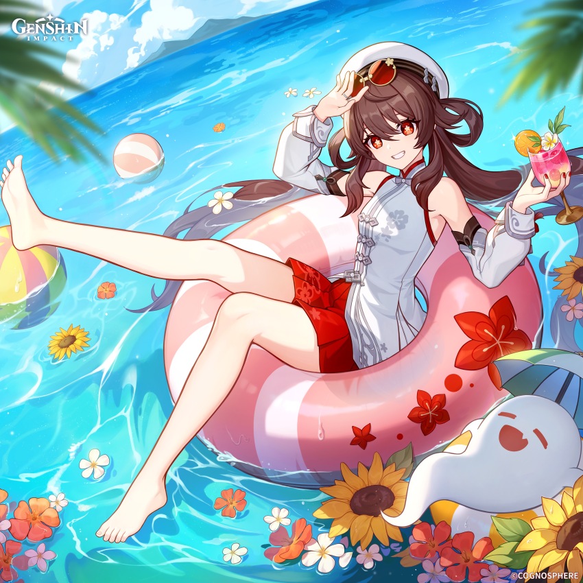 1girl absurdres ball bare_legs bare_shoulders barefoot blue_sky boo_tao_(genshin_impact) breasts brown_hair brown_skirt cloud commentary copyright_name cup day detached_sleeves drink english_commentary eyewear_on_head food full_body genshin_impact glasses hat highres holding holding_cup horizon hu_tao_(cherries_snow-laden)_(genshin_impact) hu_tao_(genshin_impact) innertube knees logo long_hair long_sleeves looking_at_viewer ocean official_art outdoors red_eyes skirt sky small_breasts solo swim_ring toes very_long_hair water white_sleeves