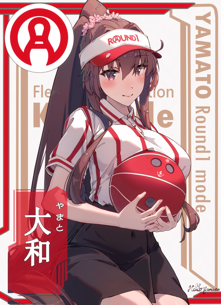 1girl alternate_costume artist_name ball black_skirt black_socks bowling bowling_ball breasts brown_hair cherry_blossoms commentary_request english_text flower hair_between_eyes hair_flower hair_intakes hair_ornament headgear highres himeyamato holding holding_ball kantai_collection large_breasts long_hair miniskirt mixed-language_commentary ponytail red_eyes shirt short_sleeves sidelocks skirt smile socks solo striped_clothes striped_shirt translated umbrella vertical-striped_clothes vertical-striped_shirt very_long_hair visor_cap yamato_(kancolle)