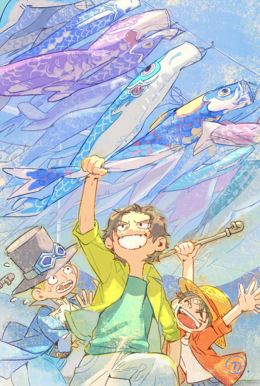 3boys aged_down arms_up bandaid bandaid_on_face belt black_hair blue_coat brothers child coat freckles goggles goggles_on_headwear hashtag-only_commentary hat highres holding looking_up male_focus missing_tooth monkey_d._luffy multiple_boys one_piece open_mouth portgas_d._ace sabo_(one_piece) scar scar_on_face short_hair siblings siyangou49 straw_hat