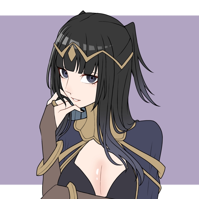 1girl ao_saryaruhu black_bra black_eyes black_hair bodysuit bra bracelet breasts cleavage clenched_hands clenched_teeth cloak collar expressionless eyelashes female_focus fingernails fire_emblem fire_emblem_awakening hand_on_own_chin hands_up highres hime_cut jewelry large_breasts long_hair looking_at_viewer lots_of_jewelry matching_hair/eyes parted_lips revealing_clothes see-through_bodysuit see-through_clothes short_twintails sidelocks teeth tharja_(fire_emblem) twintails underwear upper_body