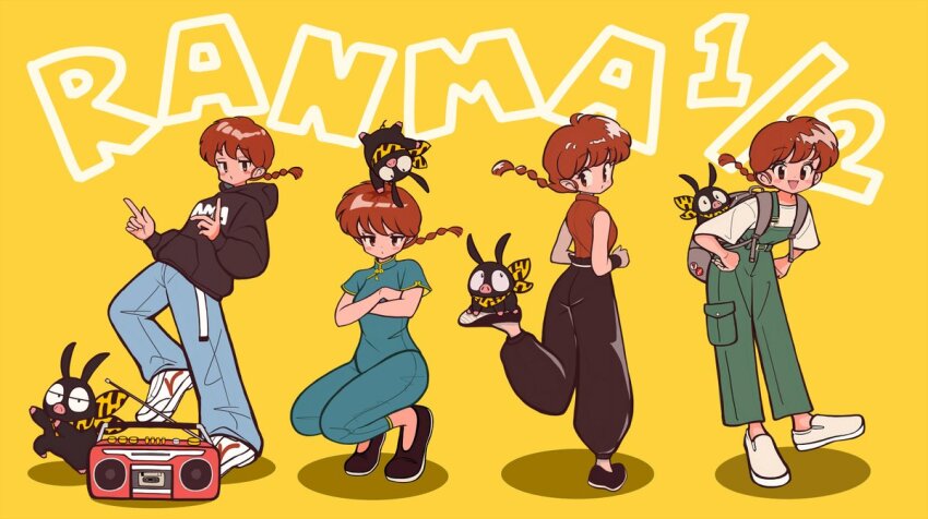 1girl animal animal_on_head animal_print backpack bag baggy_pants bare_shoulders black_footwear black_hoodie blue_overalls boombox braid breasts chinese_clothes crossed_arms denim flats full_body grey_bag half-closed_eyes hood hood_down hoodie jeans leaning_forward medium_breasts multiple_views norixio on_head open_mouth overalls p-chan pants pig pin print_bandana ranma-chan ranma_1/2 red_hair red_shirt shirt shoes short_hair_with_long_locks short_sleeves single_braid sleeveless sleeveless_shirt smile sneakers squatting tiger_print white_footwear white_shirt yellow_background