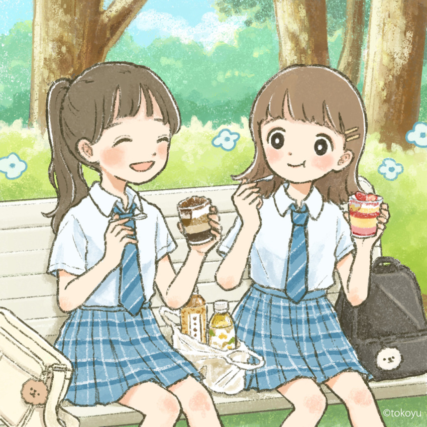 2girls :d ^_^ artist_name bag bag_charm bench black_bag black_eyes black_hair blue_necktie blue_skirt brown_hair bush charm_(object) closed_eyes collared_shirt cup day diagonal-striped_clothes diagonal-striped_necktie eating flower food food_request hair_ornament hairpin holding holding_food holding_spoon looking_at_another multiple_girls multiple_hairpins necktie open_mouth original park plaid_clothes plaid_skirt plastic_bag plastic_bottle ponytail school_bag school_uniform shirt short_hair short_sleeves sitting skirt slice_of_life smile spoon striped_clothes tokoyu tree white_bag white_flower white_shirt