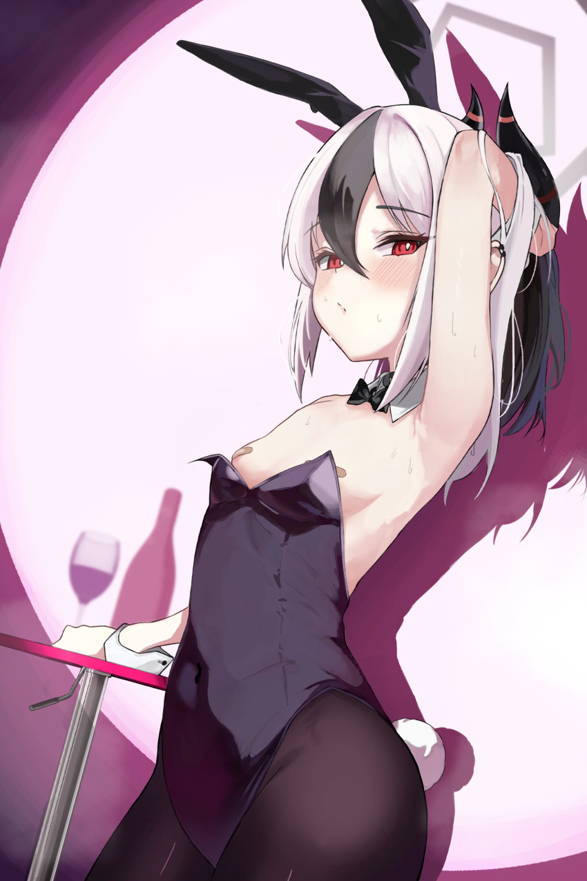 1girl absurdres animal_ear_hairband animal_ears armpits bandaid bandaids_on_nipples black_bow black_bowtie black_hair black_horns black_leotard black_pantyhose blue_archive bow bowtie cowboy_shot demon_horns detached_collar fake_animal_ears flat_chest grey_halo hair_between_eyes hairband halo highres horns kayoko_(blue_archive) leotard long_hair looking_at_viewer multicolored_hair nami_ne0227 pantyhose pasties playboy_bunny rabbit_ears rabbit_tail red_eyes solo strapless strapless_leotard tail two-tone_hair white_hair wrist_cuffs