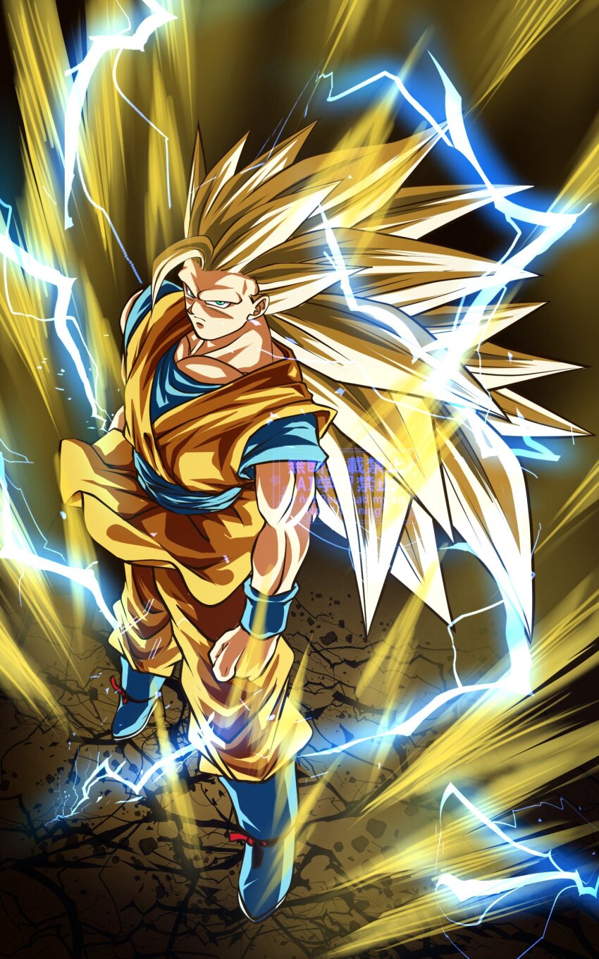 1boy absurdres aura blonde_hair blue_boots blue_shirt boots clenched_hands dougi dragon_ball dragon_ball_daima dragonball_z electricity highres kanaetecho long_hair male_focus muscular muscular_male no_eyebrows orange_pants orange_tunic pants shirt solo son_goku spiked_hair standing super_saiyan super_saiyan_3 tunic