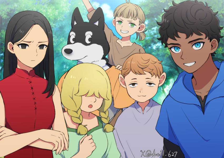 2girls 3boys :3 arm_up black_eyes black_hair black_undershirt blue_eyes blue_hoodie braid brown_eyes brown_hair brown_shirt carrying casual covered_eyes crossed_arms dark-skinned_male dark_skin day dia_(dungeon_meshi) dog dungeon_meshi dwarf frown furrowed_brow furry furry_male gnome green_eyes green_shirt grin hair_over_eyes halfling hc1l_627 highres holm_kranom hood hoodie kabru kobold kuro_(dungeon_meshi) layered_sleeves long_sleeves mickbell_tomas multiple_boys multiple_girls nature open_mouth orange_shirt outdoors piggyback ponytail red_shirt rin_(dungeon_meshi) sanpaku shirt short_hair short_over_long_sleeves short_sleeves smile twin_braids twintails twitter_username upper_body