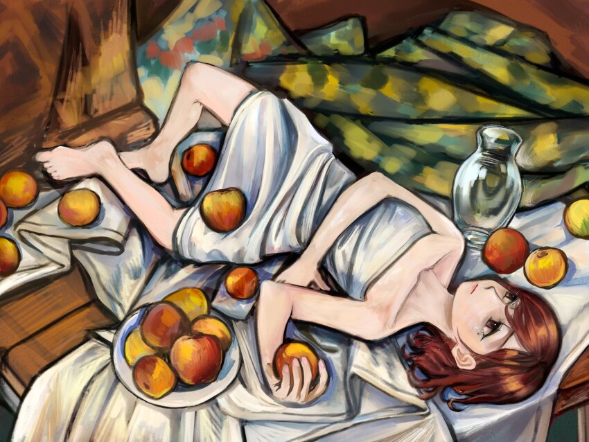 1girl alternate_costume apple barefoot bed_sheet blanket breasts brown_eyes brown_hair closed_mouth clothing_request couch expressionless food from_above fruit highres higuchi_madoka holding holding_food holding_fruit idolmaster idolmaster_shiny_colors knee_up looking_to_the_side lying mole mole_under_eye naked_sheet on_back on_couch painterly short_hair small_breasts solo under_covers vase yamaichi_(yama3ichi4)