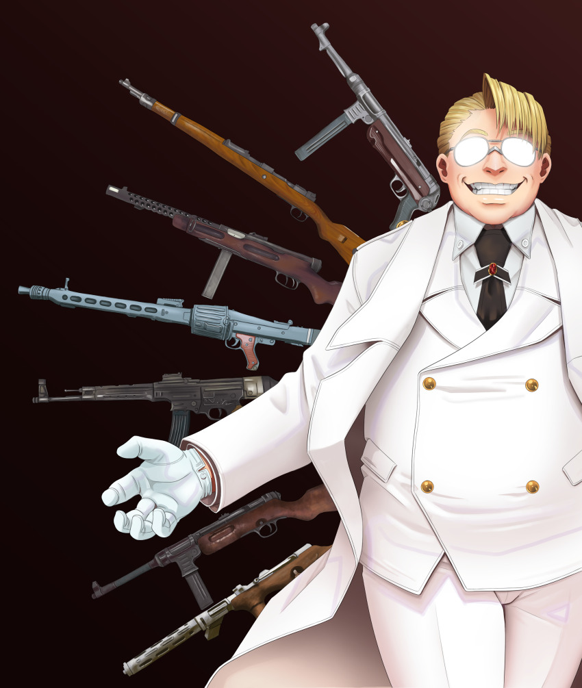 1boy absurdres assault_rifle black_background blonde_hair bolt_action coat commentary_request formal_clothes german_commentary glasses gloves grin gun hellsing highres machine_gun major_(hellsing) majorette_(artist) male_focus mauser_98 mg42 mp40 nazi necktie ppsh-41 rifle short_hair smile solo stg44 submachine_gun suit weapon white_gloves white_suit