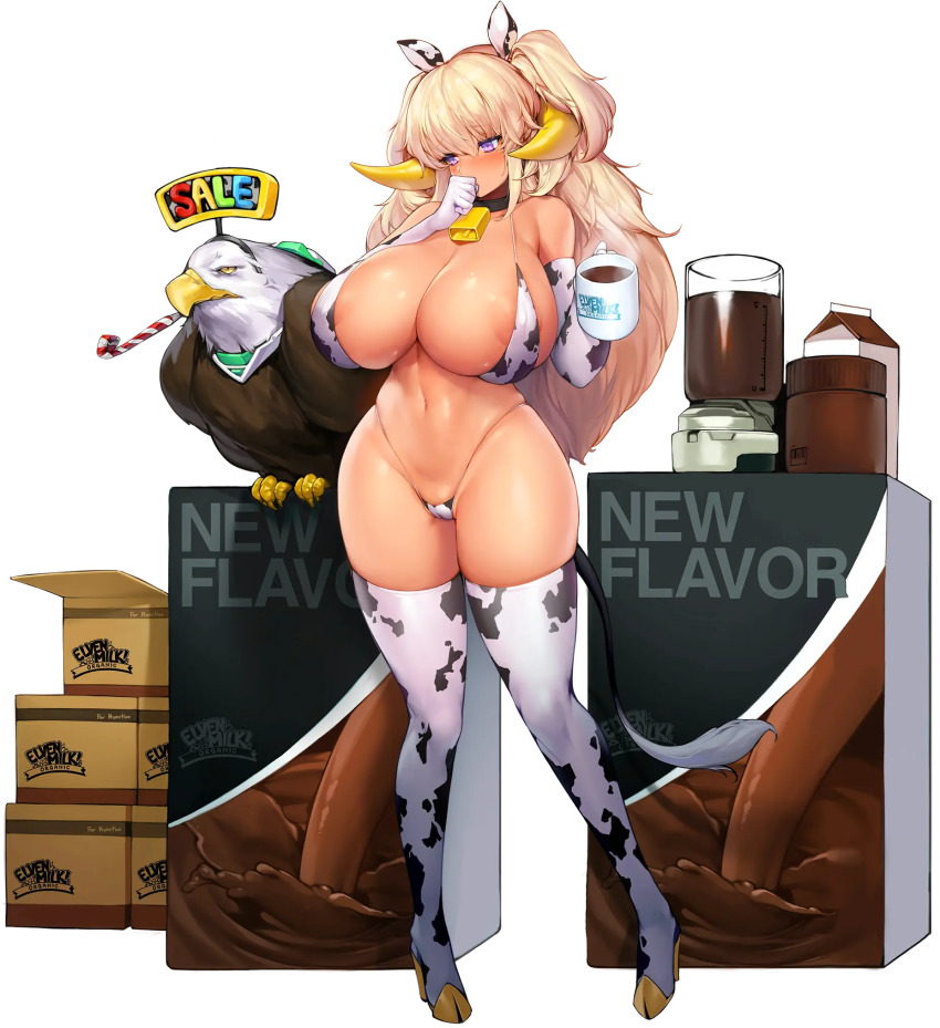 1girl animal_ears animal_print areola_slip bikini bird blender_(object) blonde_hair blush boots breasts cameltoe chocolate_milk cleavage covered_erect_nipples cow_ears cow_girl cow_print cow_print_bikini cow_tail cup curvy dark_elf dark_elven_forest_ranger eagle elbow_gloves elf english_text full_body game_cg gloves gyaru hair_between_eyes highres horns huge_breasts kogal last_origin long_hair looking_at_viewer mug mug_writing navel official_art pointy_ears print_bikini purple_eyes skindentation snowball22 solo standing swimsuit tachi-e tail thick_thighs thigh_boots thighhighs thighs transparent_background two_side_up white_thighhighs wide_hips