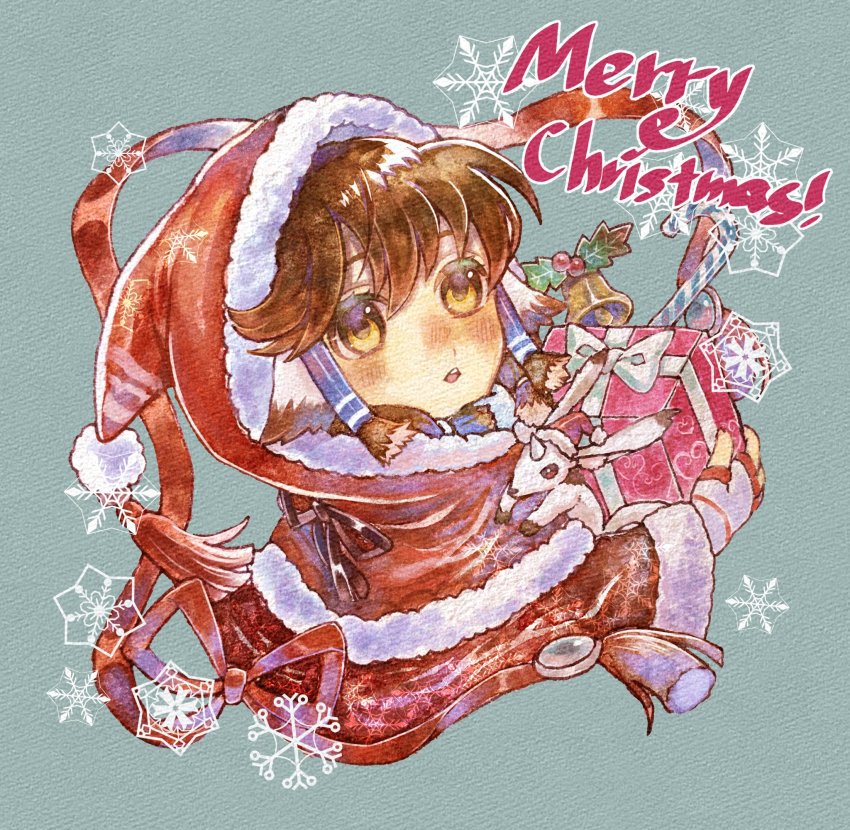1girl animal animal_ears aquaplus aruruu blush brown_eyes brown_hair christmas fingerless_gloves from_side gachatara gift gloves hair_between_eyes hat highres holding holding_present hood hood_up looking_at_viewer merry_christmas nose_blush open_mouth peonymochi santa_costume santa_gloves santa_hat sidelocks snowflakes solo teeth tongue utawarerumono utawarerumono:_lost_flag
